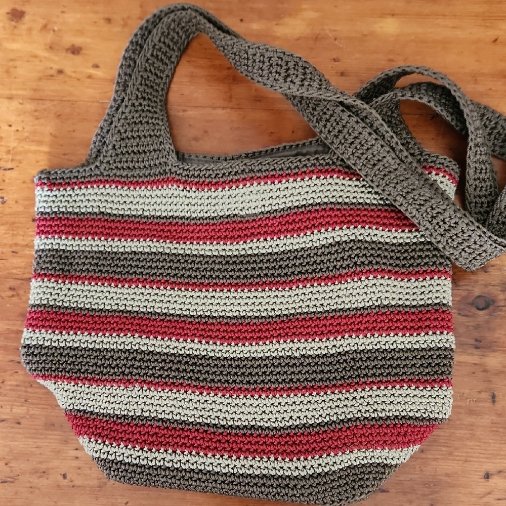 Striped Crochet Tote Bag - Brown, Red, Cream